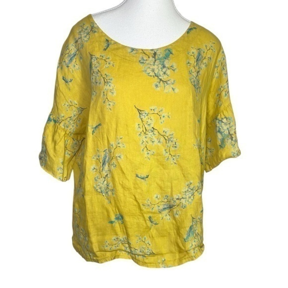 Bellambra Linen Ruffle Sleeve Floral/Bird Blouse